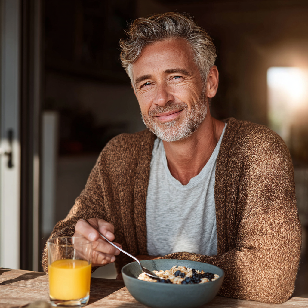 A fit man in his early 50s with gray temples enjoying a nutritious breakfast bowl at a sunlit dining table, looking content and energetic while holding a spoon
