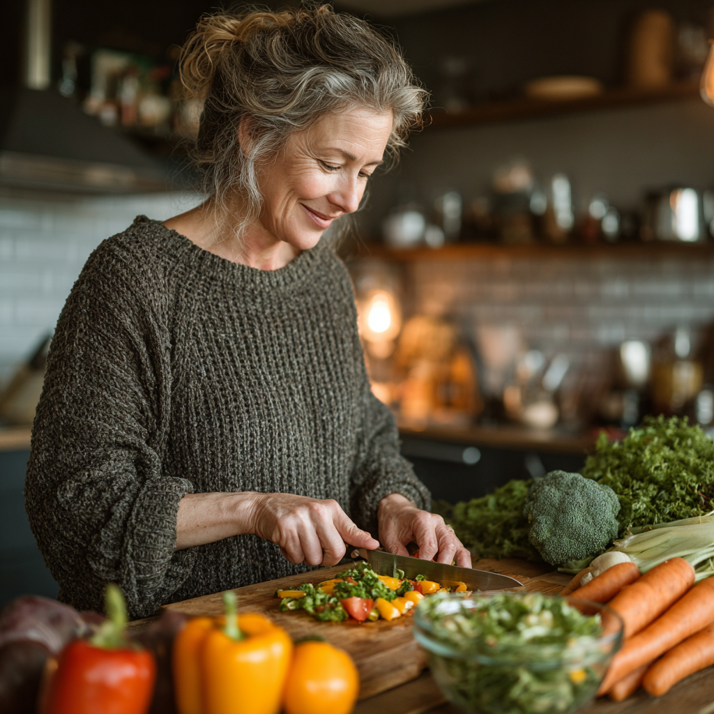 A mature woman in her late 40s with a warm smile preparing a colorful healthy salad in a modern bright kitchen, surrounded by fresh vegetables and fruits on a wooden cutting board